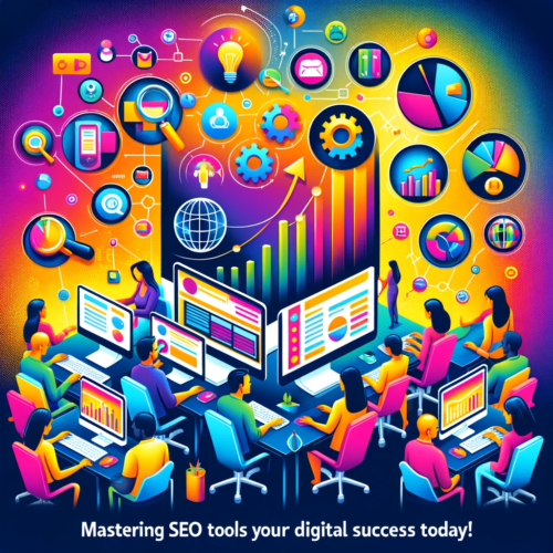 "A poster showcasing 'Mastering SEO Tools Training' with people using computers, surrounded by SEO tool icons on a colorful digital background."